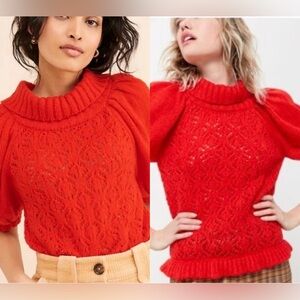 For Love & Lemons Francois Puff Sleeve Pointelle Sweater (XS) NWOT
